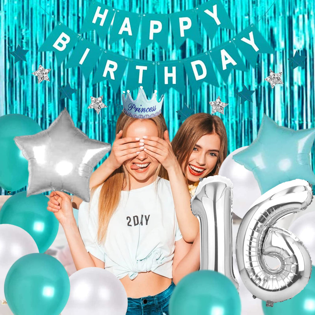 Teal Blue Sweet 16 Birthday Decorations – Banner, Balloons, Fringe Curtain & Star Garland Set for Girls
