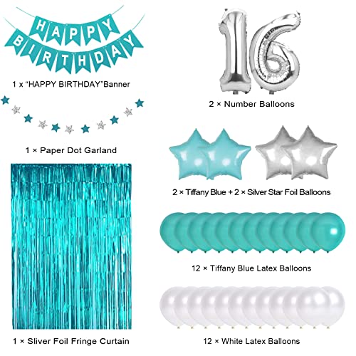 Teal Blue Sweet 16 Birthday Decorations – Banner, Balloons, Fringe Curtain & Star Garland Set for Girls