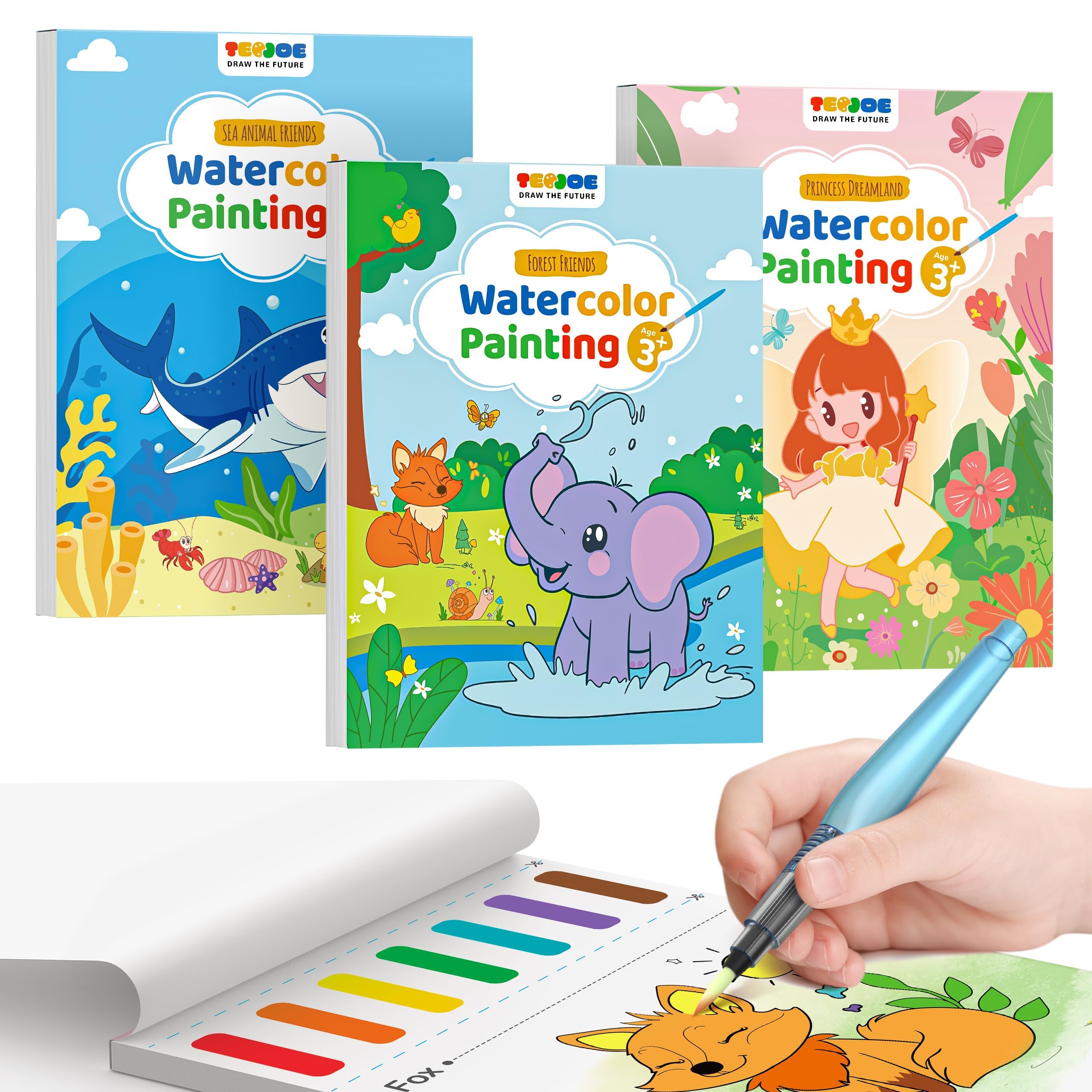 TECJOE 3-Pack Water Painting Books: Mess-Free Art Set for Toddlers (Forest, Sea & Princess)