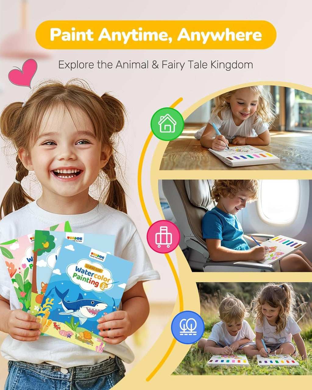 TECJOE 3-Pack Water Painting Books: Mess-Free Art Set for Toddlers (Forest, Sea & Princess)