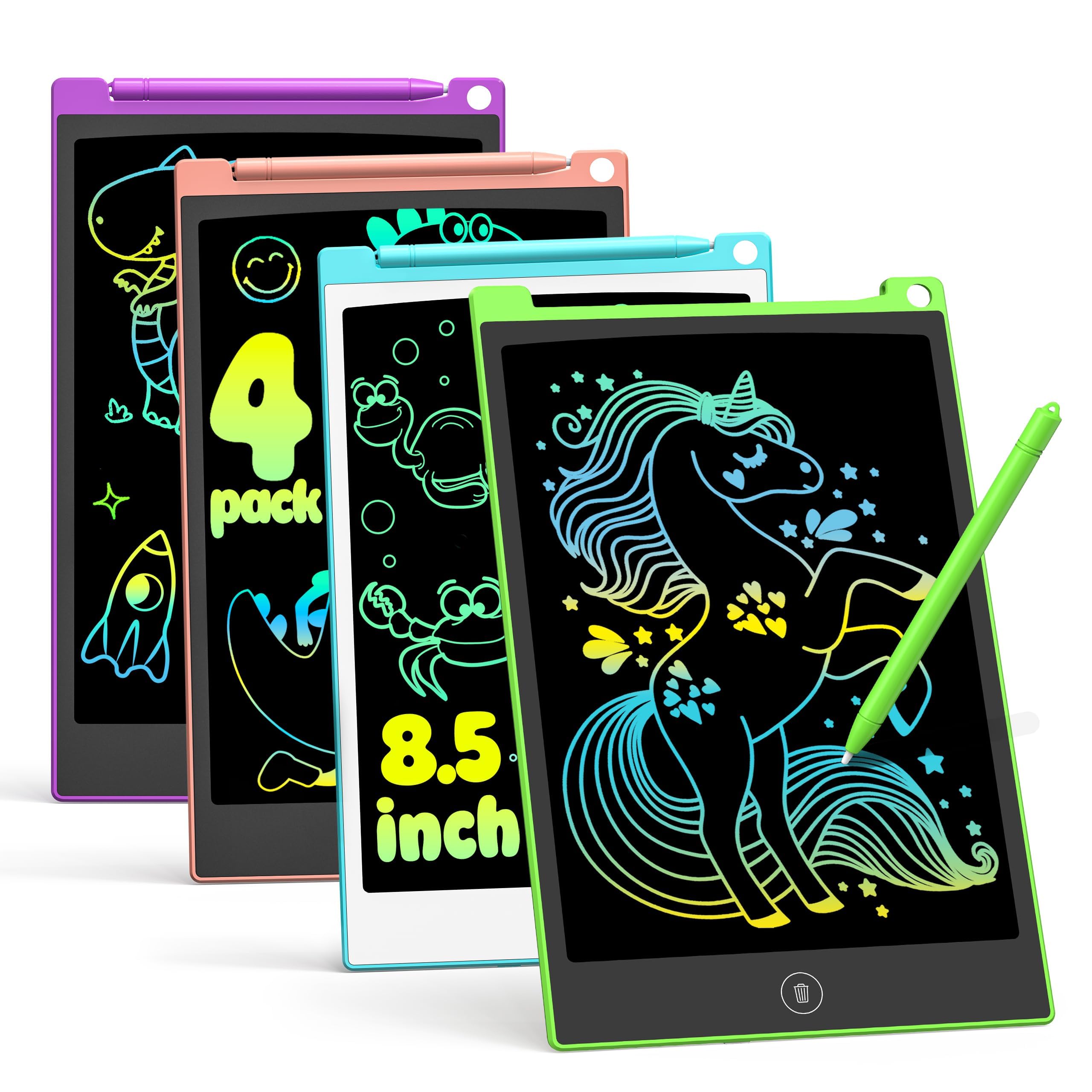 TECJOE 4-Pack 8.5-Inch LCD Writing Tablets: Colorful Drawing Boards for Kids, Travel-Friendly Reusable Doodle Pads for Ages 3-8