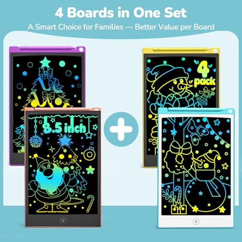 TECJOE 4-Pack 8.5-Inch LCD Writing Tablets: Colorful Drawing Boards for Kids, Travel-Friendly Reusable Doodle Pads for Ages 3-8