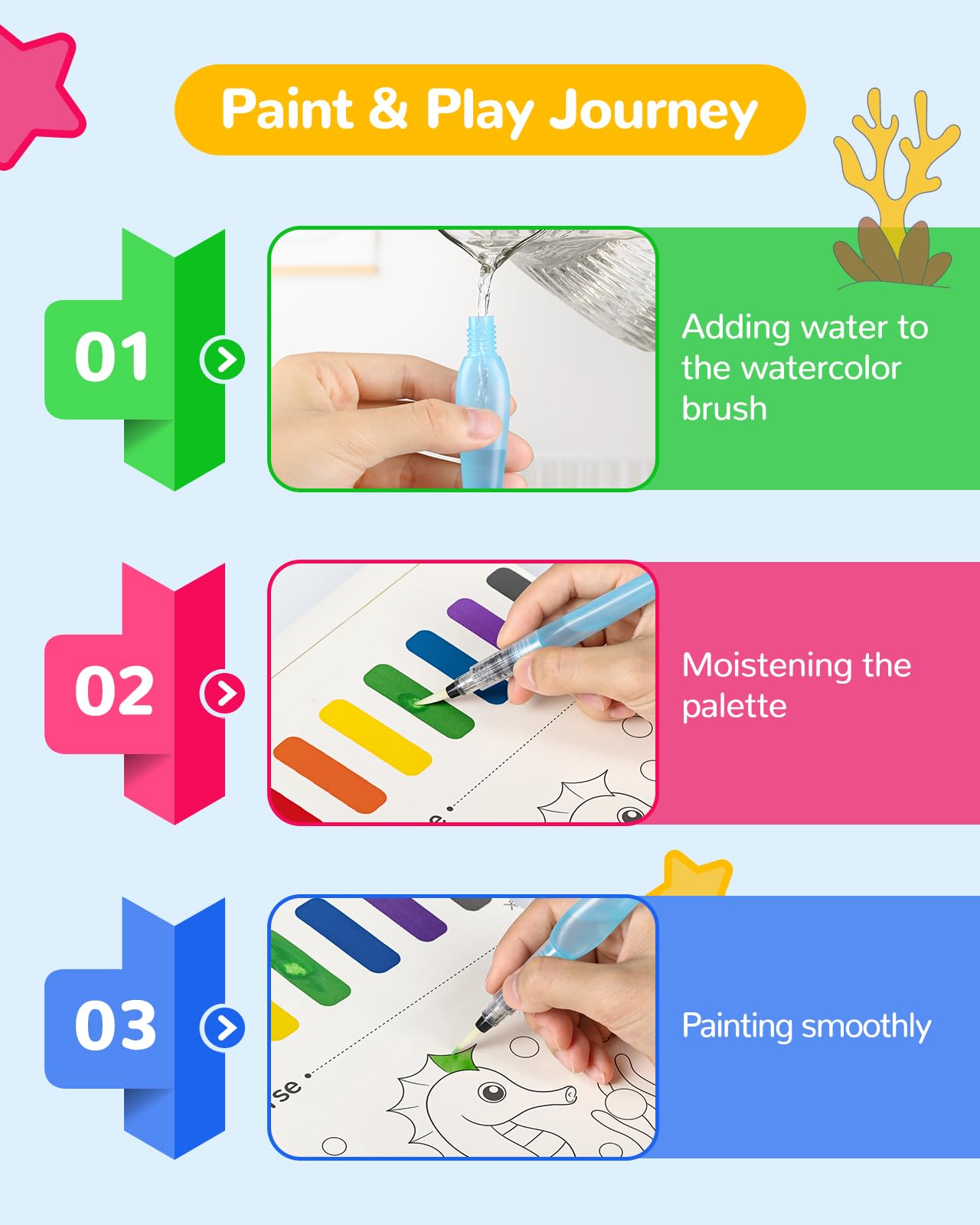 TECJOE Marine Animal Paint with Water Book – Mess-Free Watercolor Set for Kids Ages 4-8 with 3 Brushes