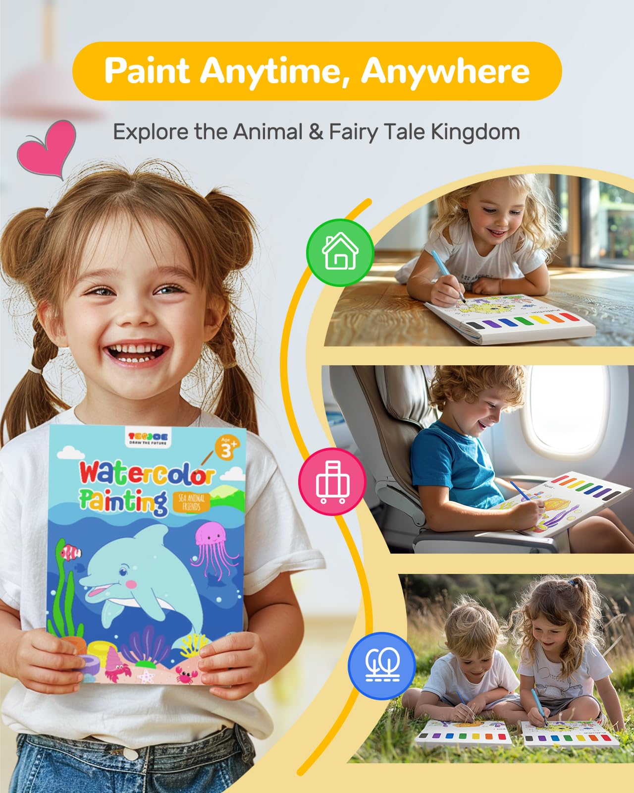 TECJOE Marine Animal Paint with Water Book – Mess-Free Watercolor Set for Kids Ages 4-8 with 3 Brushes