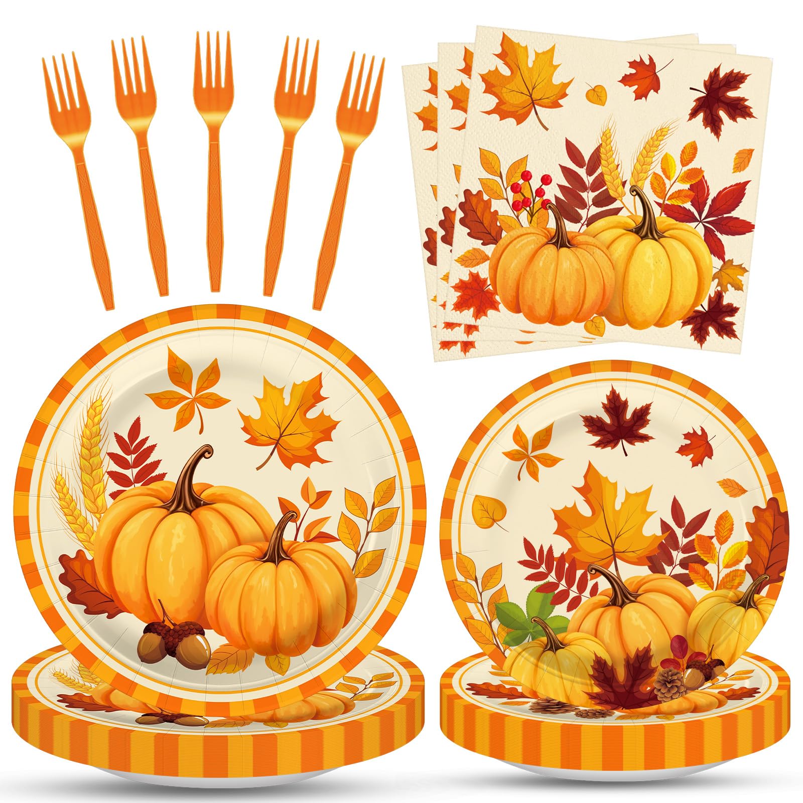 Tedercle 100-Piece Fall Pumpkin Leaves Tableware Set - Serves 25 – Disposable Plates, Napkins, Forks for Thanksgiving