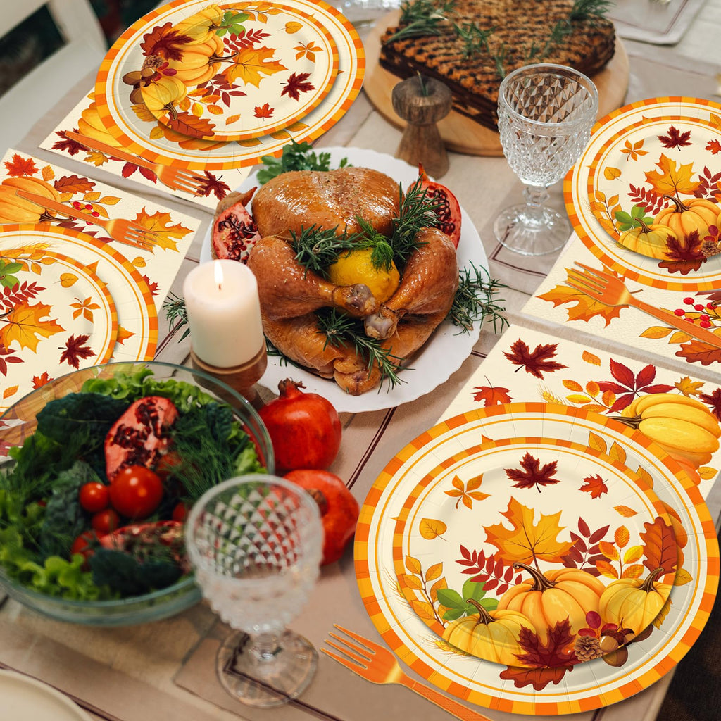 Tedercle 100-Piece Fall Pumpkin Leaves Tableware Set - Serves 25 – Disposable Plates, Napkins, Forks for Thanksgiving