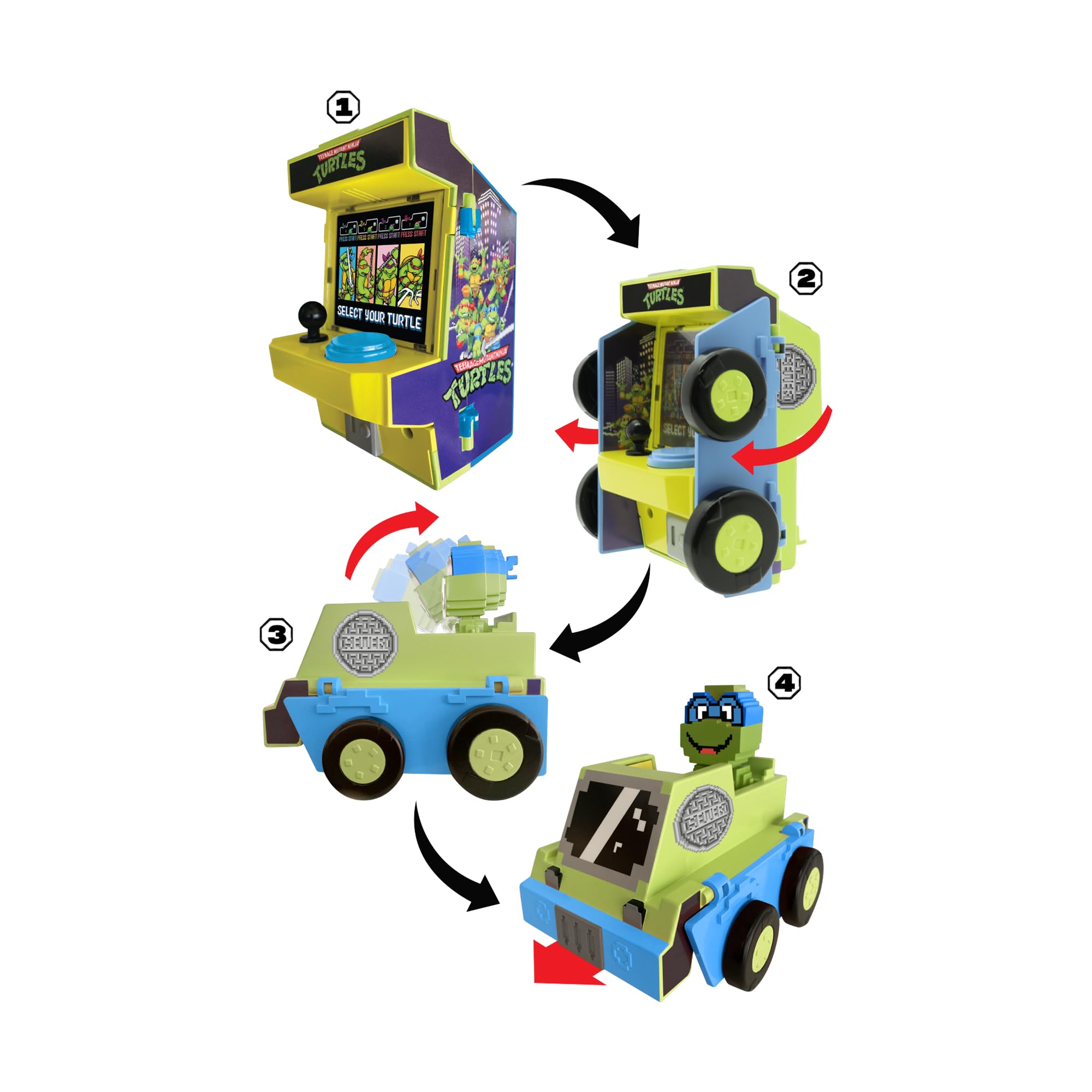 Teenage Mutant Ninja Turtles Arcade Cruisers Leonardo Edition - 2-in-1 Arcade Cabinet to Transforming Vehicle with Lights, Sounds, and Dual-Screen Lenticular Display