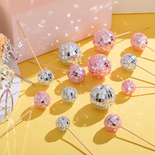 Teenyyou 24-Piece Disco Ball Cupcake Toppers – Pink & Silver Retro Party Decorations for 70s, 80s, and 90s Themes