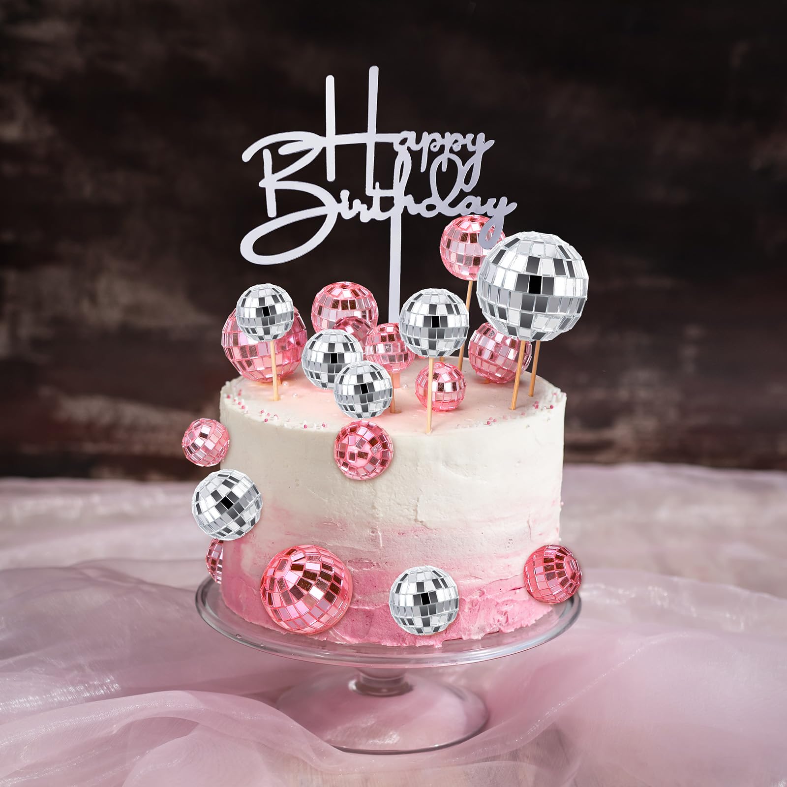 Teenyyou 24-Piece Disco Ball Cupcake Toppers – Pink & Silver Retro Party Decorations for 70s, 80s, and 90s Themes