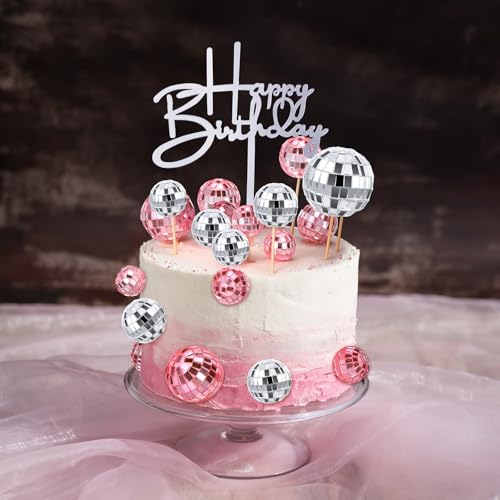 Teenyyou 24-Piece Disco Ball Cupcake Toppers – Pink & Silver Retro Party Decorations for 70s, 80s, and 90s Themes