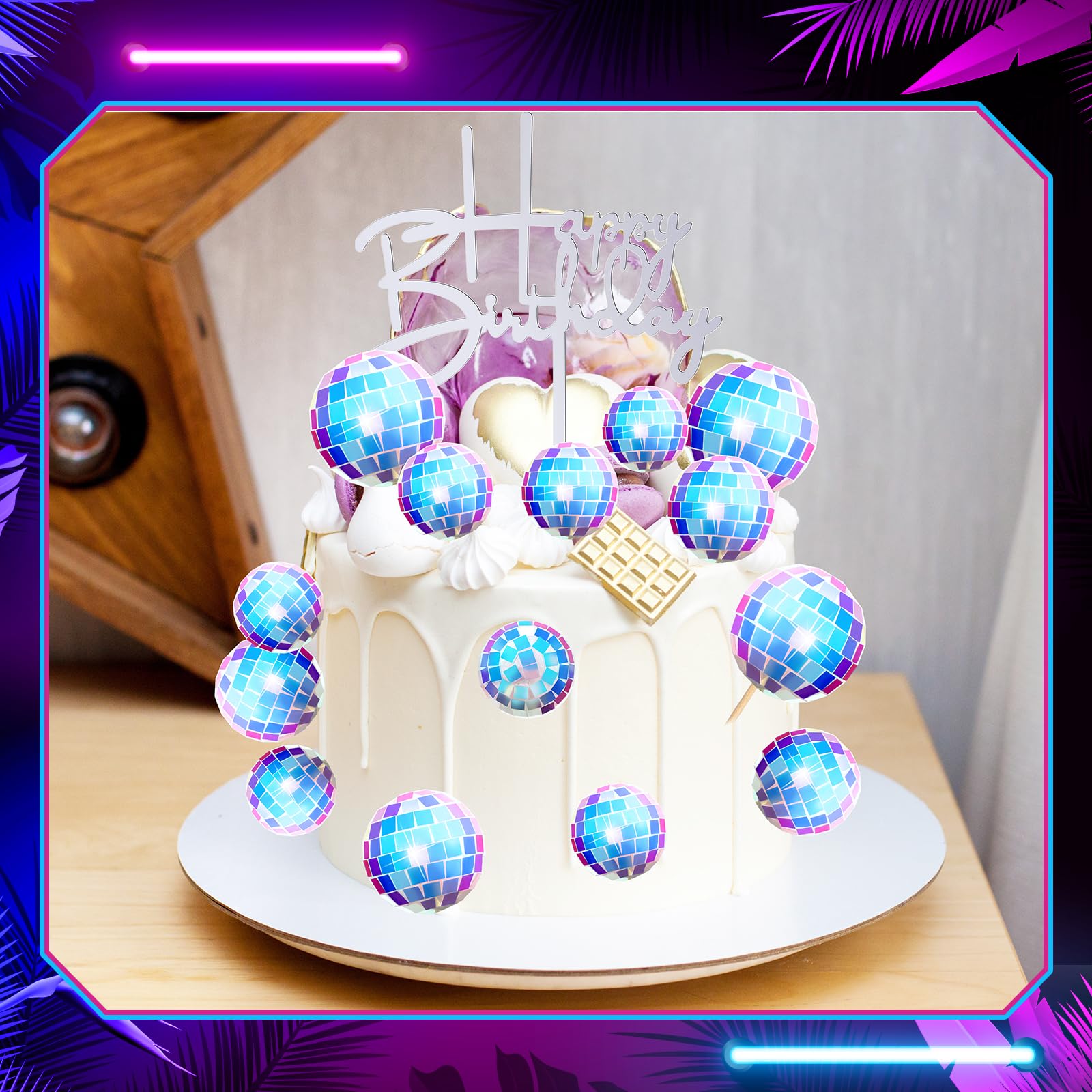 Teenyyou 24-Piece Disco Ball Cupcake Toppers – Retro Happy Birthday Decorations for 70s-90s Parties (Iridescent)