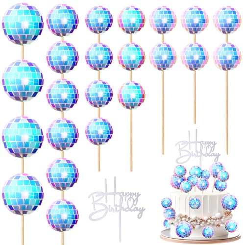 Teenyyou 24-Piece Disco Ball Cupcake Toppers – Retro Happy Birthday Decorations for 70s-90s Parties (Iridescent)