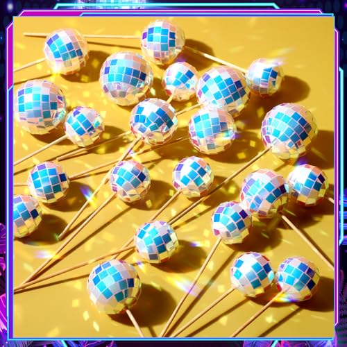 Teenyyou 24-Piece Disco Ball Cupcake Toppers – Retro Happy Birthday Decorations for 70s-90s Parties (Iridescent)