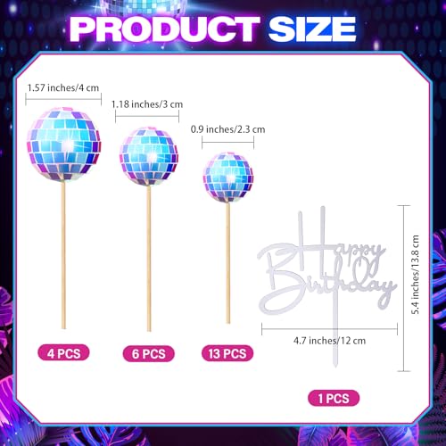 Teenyyou 24-Piece Disco Ball Cupcake Toppers – Retro Happy Birthday Decorations for 70s-90s Parties (Iridescent)