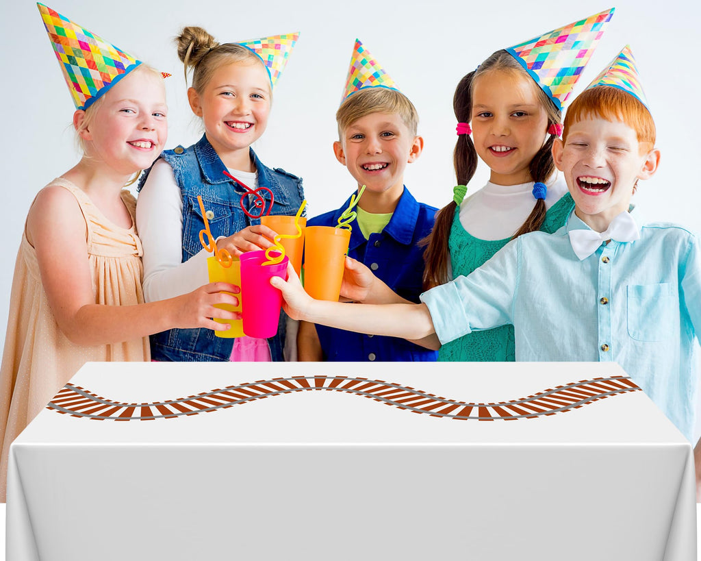 Teenyyou 3-Pack Train Track Tablecloths - 54x108 Inch Plastic Party Table Covers for Railroad Themed Birthdays