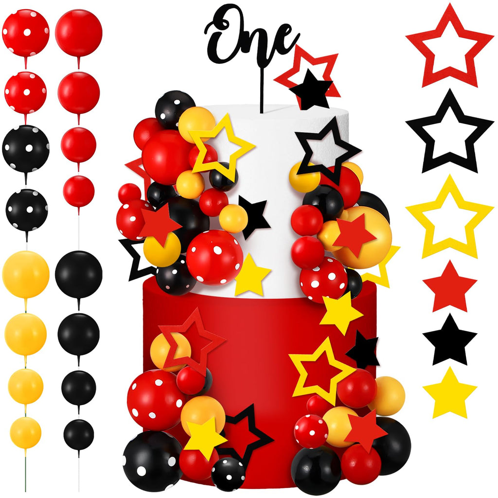 Teenyyou 57-Piece Cake Topper Set – Black Red Yellow Ball & Star Decorations with 'ONE' Flag for 1st Birthday