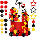 Teenyyou 57-Piece Cake Topper Set – Black Red Yellow Ball & Star Decorations with 'ONE' Flag for 1st Birthday