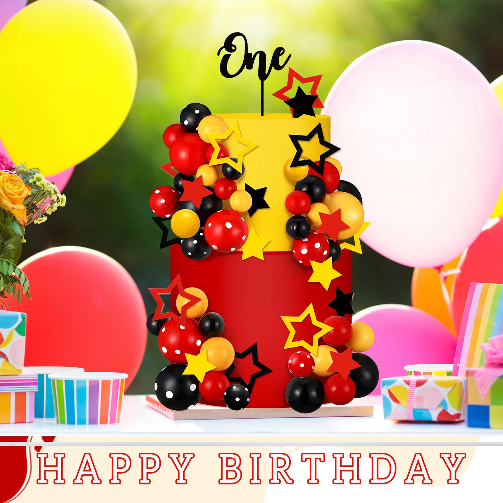 Teenyyou 57-Piece Cake Topper Set – Black Red Yellow Ball & Star Decorations with 'ONE' Flag for 1st Birthday