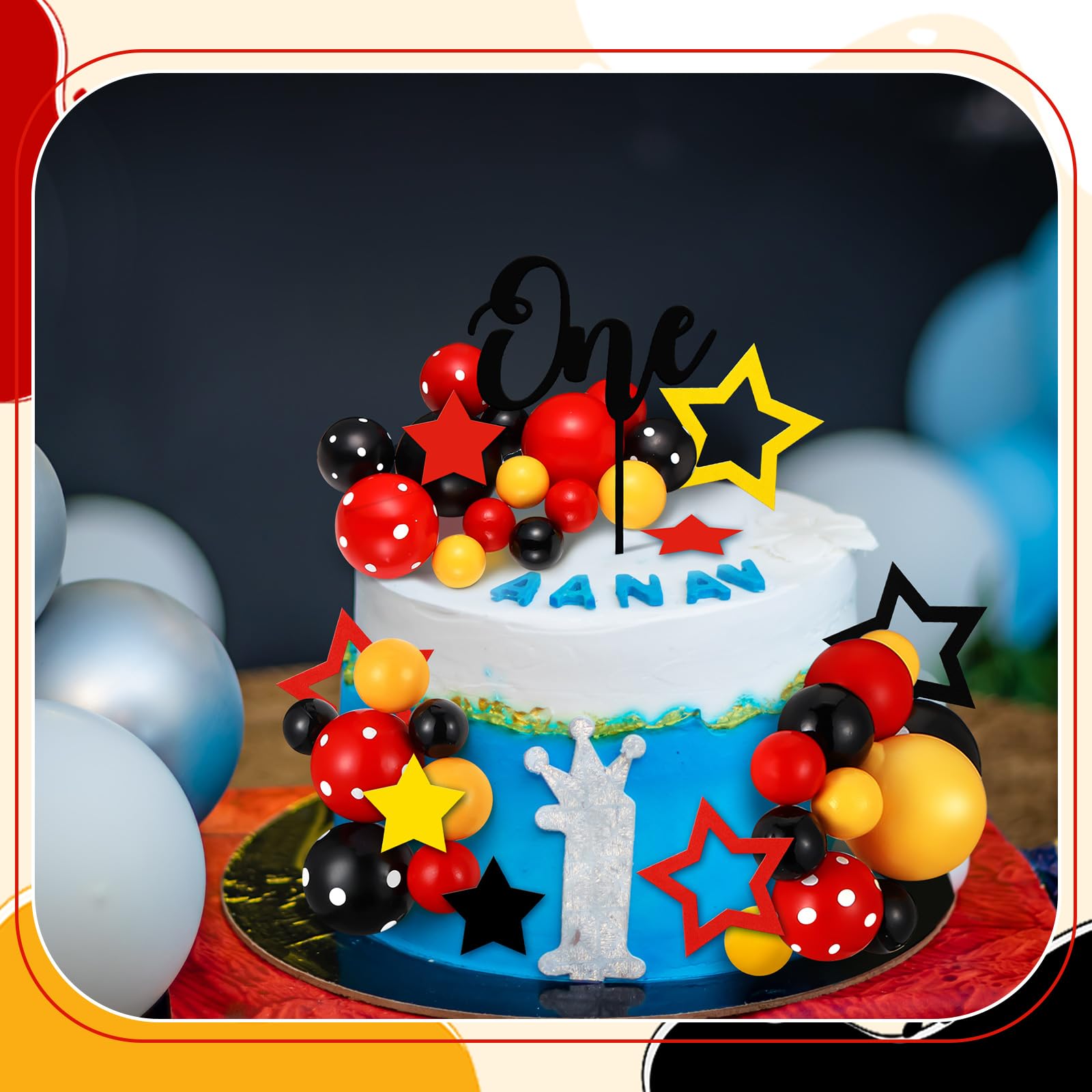 Teenyyou 57-Piece Cake Topper Set – Black Red Yellow Ball & Star Decorations with 'ONE' Flag for 1st Birthday