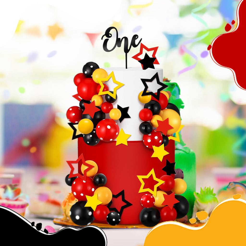 Teenyyou 57-Piece Cake Topper Set – Black Red Yellow Ball & Star Decorations with 'ONE' Flag for 1st Birthday