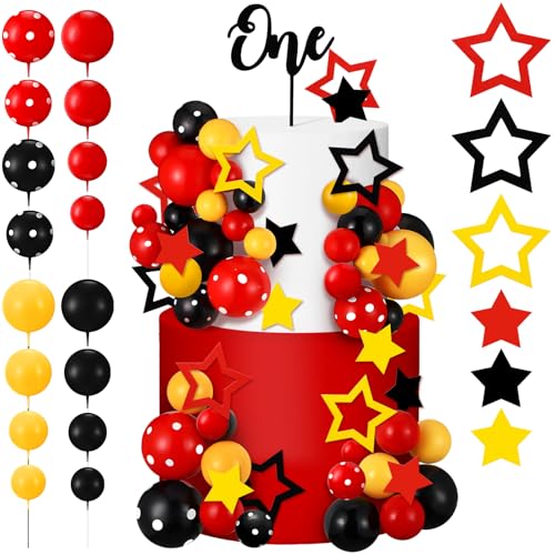 Teenyyou 57-Piece Cake Topper Set – Black Red Yellow Ball & Star Decorations with 'ONE' Flag for 1st Birthday
