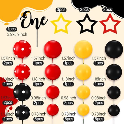 Teenyyou 57-Piece Cake Topper Set – Black Red Yellow Ball & Star Decorations with 'ONE' Flag for 1st Birthday