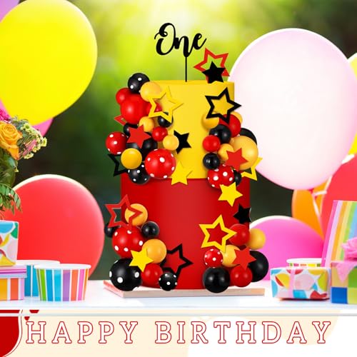 Teenyyou 57-Piece Cake Topper Set – Black Red Yellow Ball & Star Decorations with 'ONE' Flag for 1st Birthday