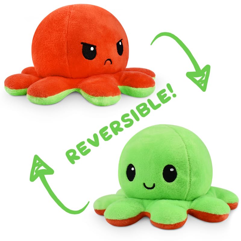 TeeTurtle 4-Inch Reversible Octopus Plush – Red and Green Two-Sided Flip Toy with Embroidered Faces