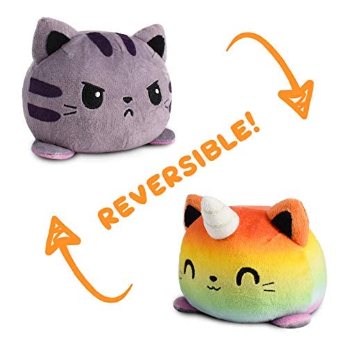 TeeTurtle Reversible 4-Inch Gray Tabby/Rainbow Plushie – Flip Toy for Emotional Communication