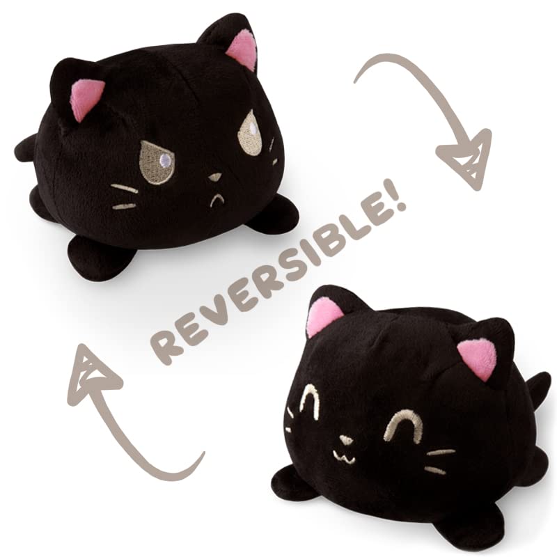 TeeTurtle Reversible Cat Plushie - 4-Inch Black Two-Sided Flip Toy with Embroidered Faces