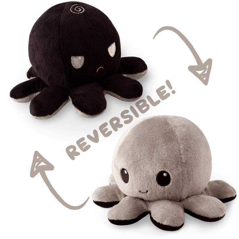 TeeTurtle Reversible Octopus Plushie 4-Inch Black Gray - Flip Plush Toy with Embroidered Details