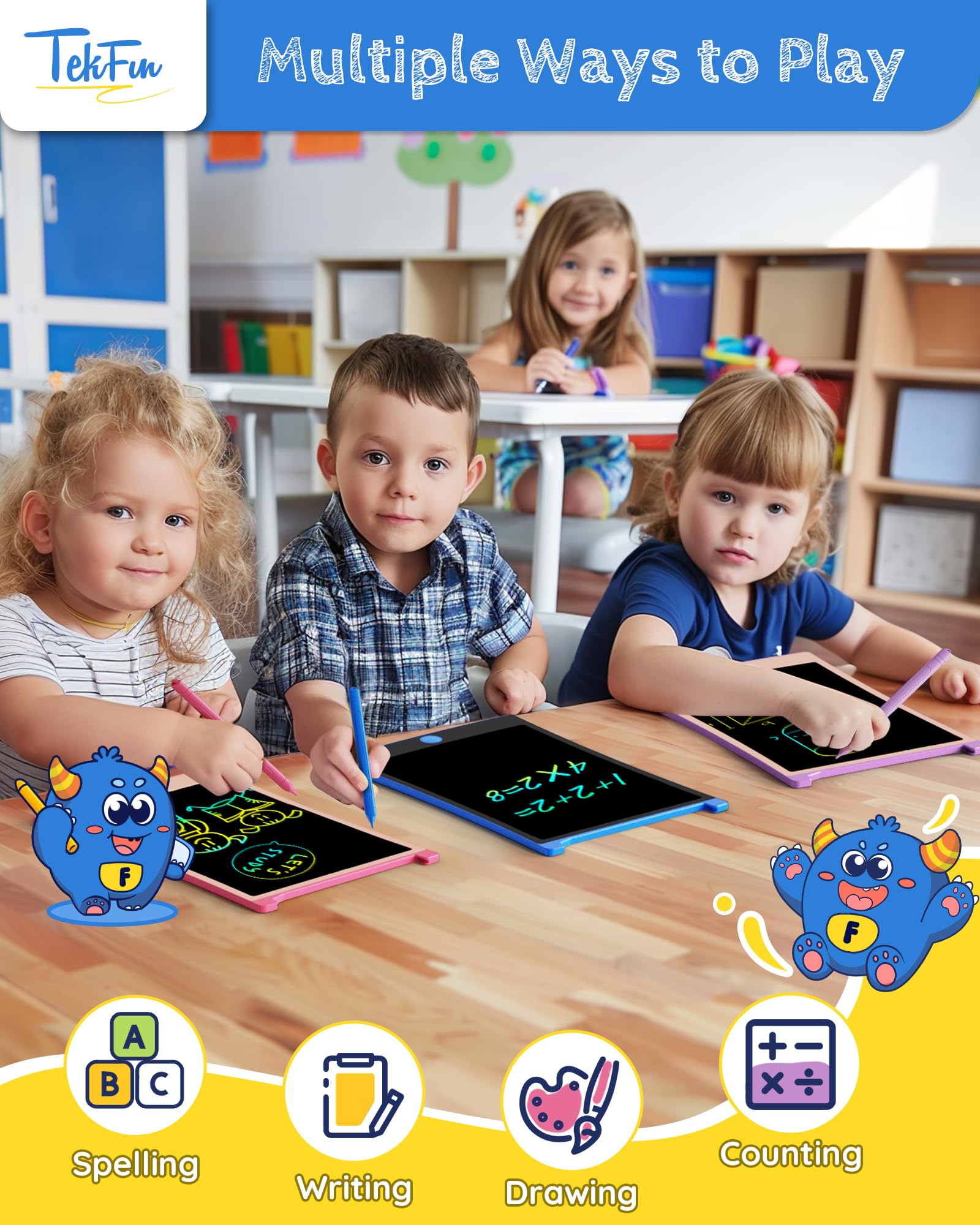TEKFUN 2-Pack LCD Writing Tablet 8.5" - Blue & Pink Doodle Boards with 4 Stylus Pens, Mess-Free Erasable Drawing Pad for Kids Ages 3-7