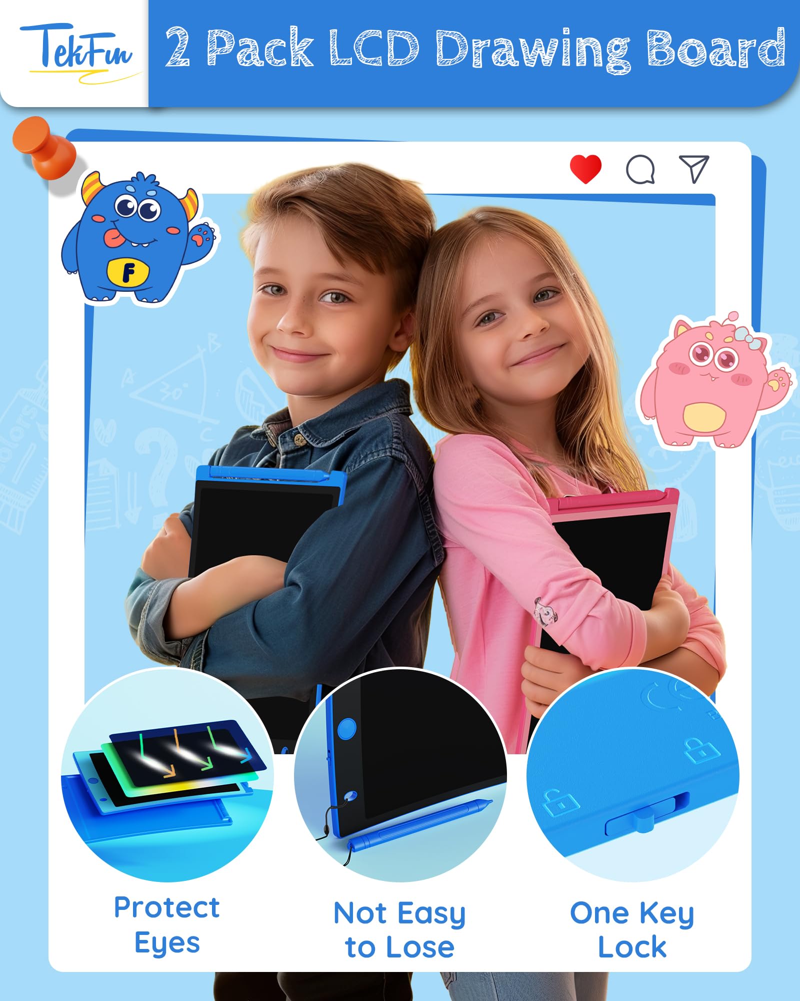 TEKFUN 2-Pack LCD Writing Tablet 8.5" - Blue & Pink Doodle Boards with 4 Stylus Pens, Mess-Free Erasable Drawing Pad for Kids Ages 3-7