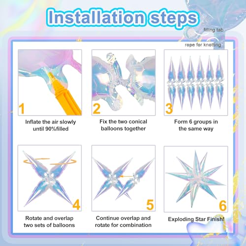 Tellpet 50-Pack Iridescent Spike Foil Star Balloons for Party Decorations