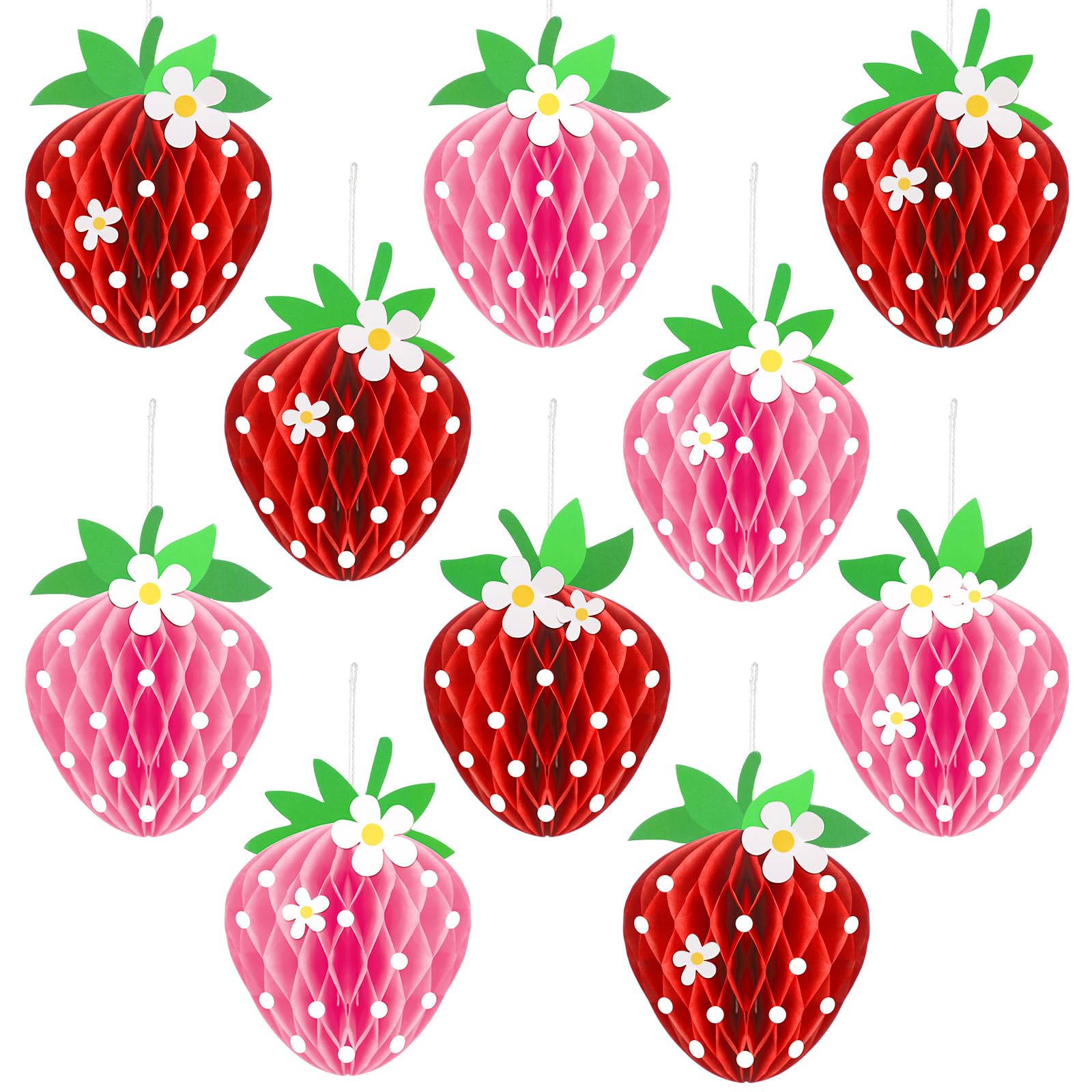 Tenare 24 Pack Strawberry Honeycomb Decorations – Red & Pink Paper Balls for Berry Party Centerpieces
