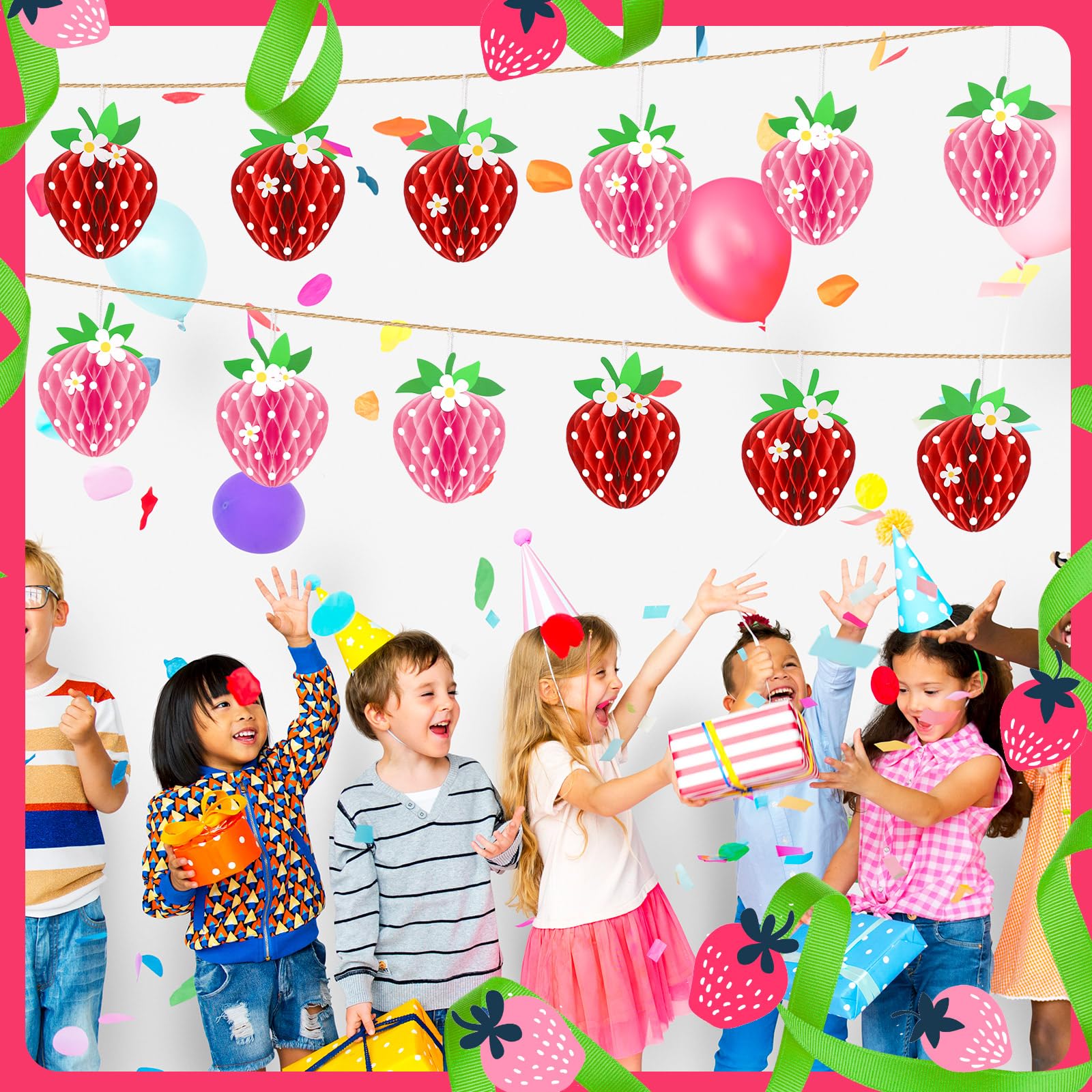 Tenare 24 Pack Strawberry Honeycomb Decorations – Red & Pink Paper Balls for Berry Party Centerpieces
