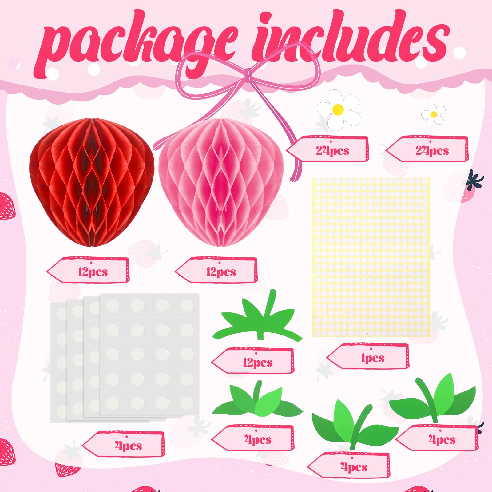 Tenare 24 Pack Strawberry Honeycomb Decorations – Red & Pink Paper Balls for Berry Party Centerpieces