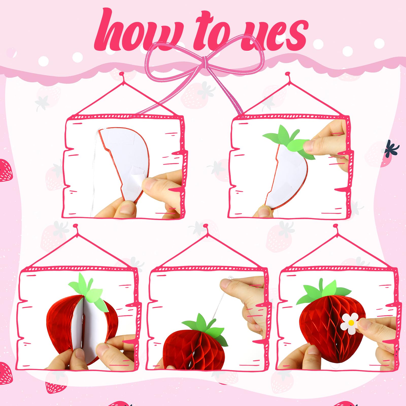 Tenare 24 Pack Strawberry Honeycomb Decorations – Red & Pink Paper Balls for Berry Party Centerpieces