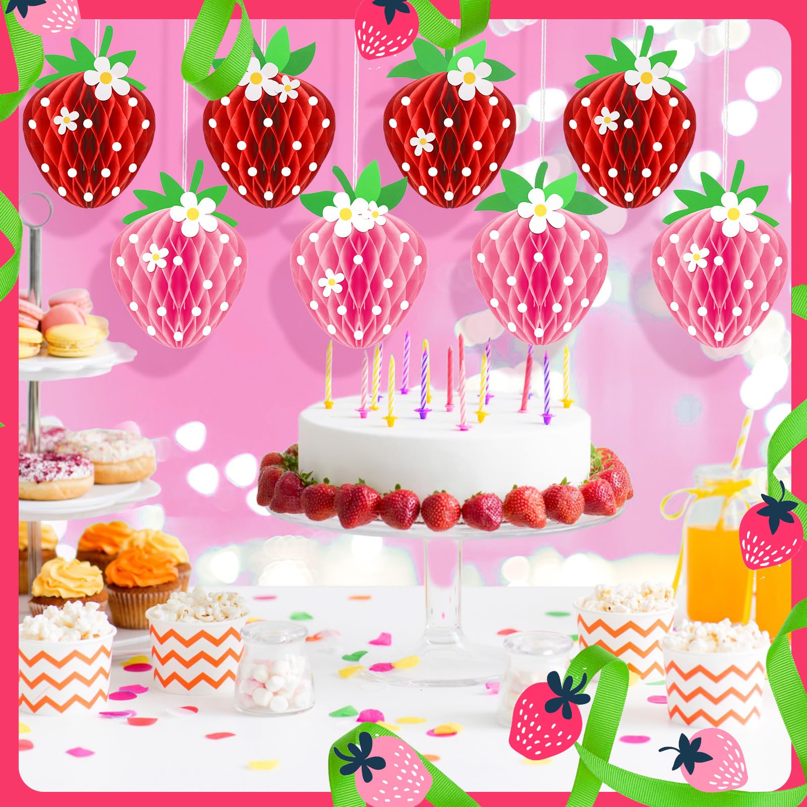 Tenare 24 Pack Strawberry Honeycomb Decorations – Red & Pink Paper Balls for Berry Party Centerpieces