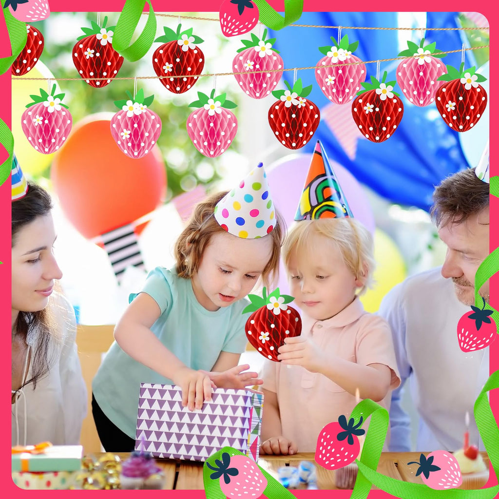 Tenare 24 Pack Strawberry Honeycomb Decorations – Red & Pink Paper Balls for Berry Party Centerpieces