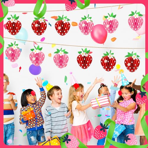 Tenare 24 Pack Strawberry Honeycomb Decorations – Red & Pink Paper Balls for Berry Party Centerpieces