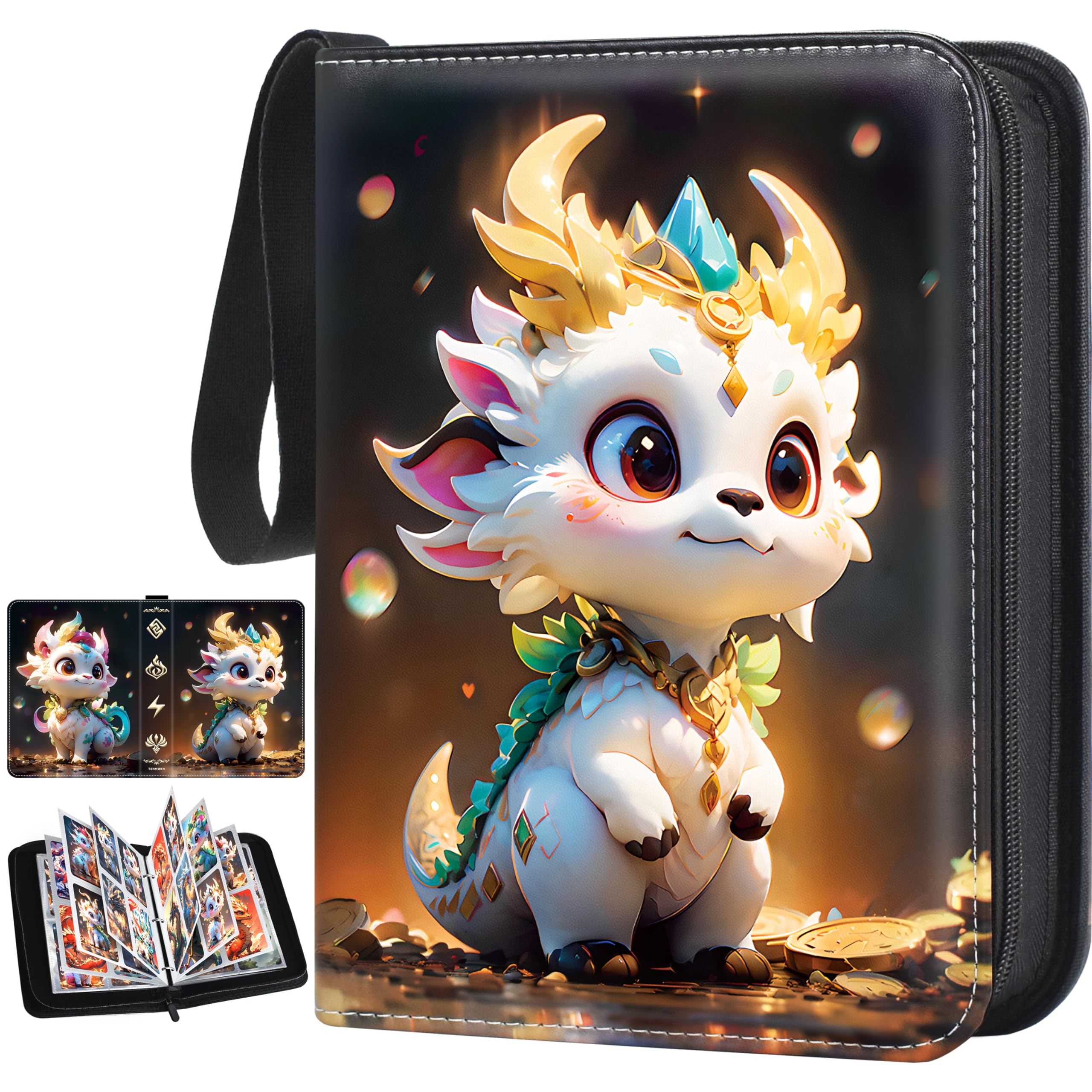 tenmorn 4-Pocket Card Binder for 400 Cards – Black PU Leather Album with 50 Removable Sleeves for TCG, Pokémon, MTG, Yu-Gi-Oh, Sports Cards