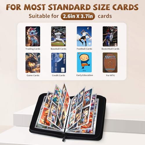 tenmorn 4-Pocket Card Binder for 400 Cards – Black PU Leather Album with 50 Removable Sleeves for TCG, Pokémon, MTG, Yu-Gi-Oh, Sports Cards