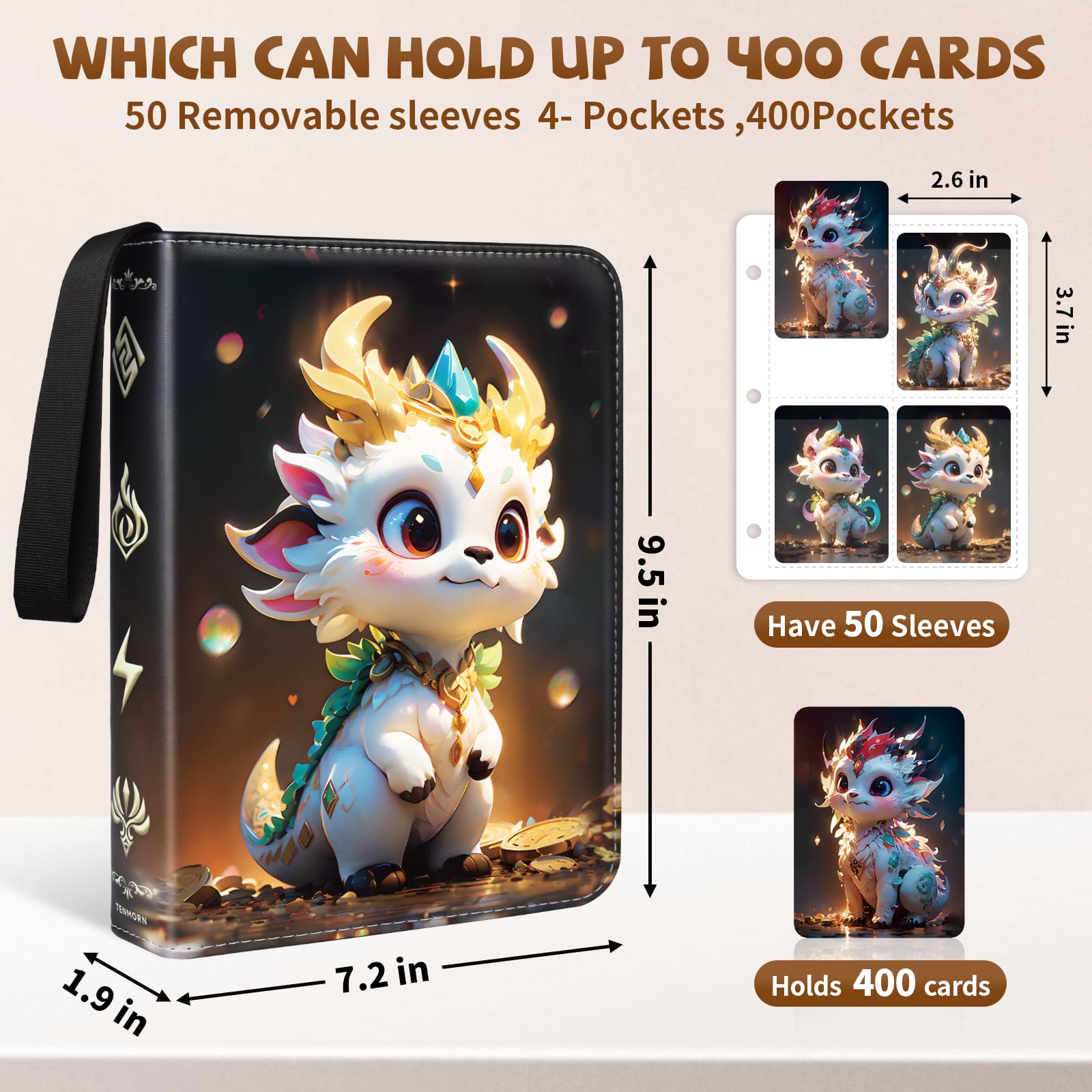 tenmorn 4-Pocket Card Binder for 400 Cards – Black PU Leather Album with 50 Removable Sleeves for TCG, Pokémon, MTG, Yu-Gi-Oh, Sports Cards