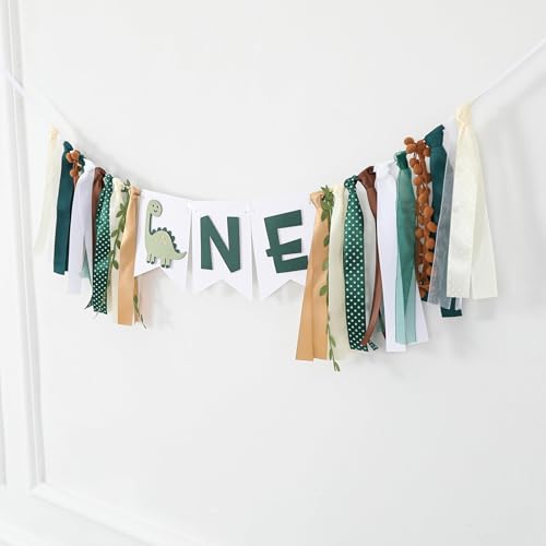 Tenshun Dinosaur 1st Birthday High Chair Banner - Earth-Toned Dino Party Garland for Baby Boy's First Birthday, Pre-Assembled Satin Ribbon Banner with 3D Layered Pennants, 4.3x5.5 inch Cards