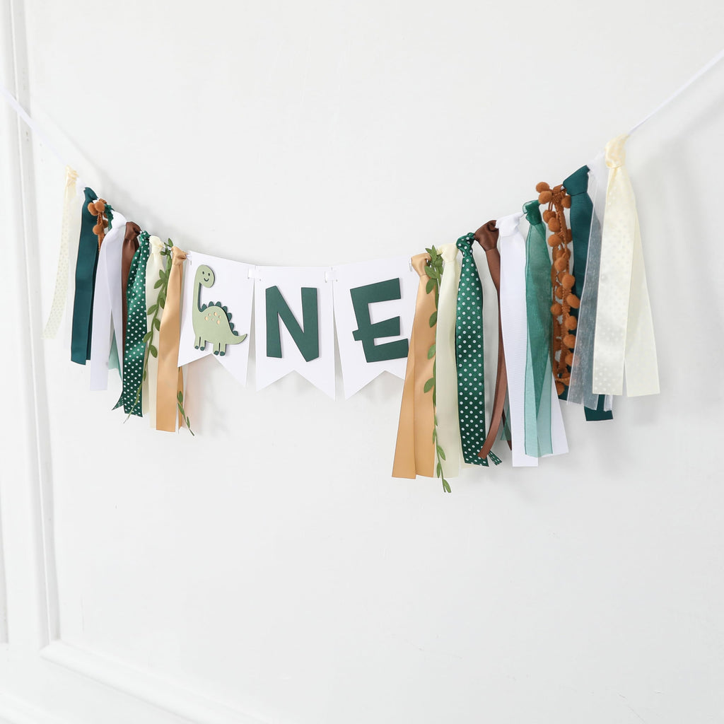 Tenshun Dinosaur 1st Birthday High Chair Banner - Earth-Toned Dino Party Garland for Baby Boy's First Birthday, Pre-Assembled Satin Ribbon Banner with 3D Layered Pennants, 4.3x5.5 inch Cards