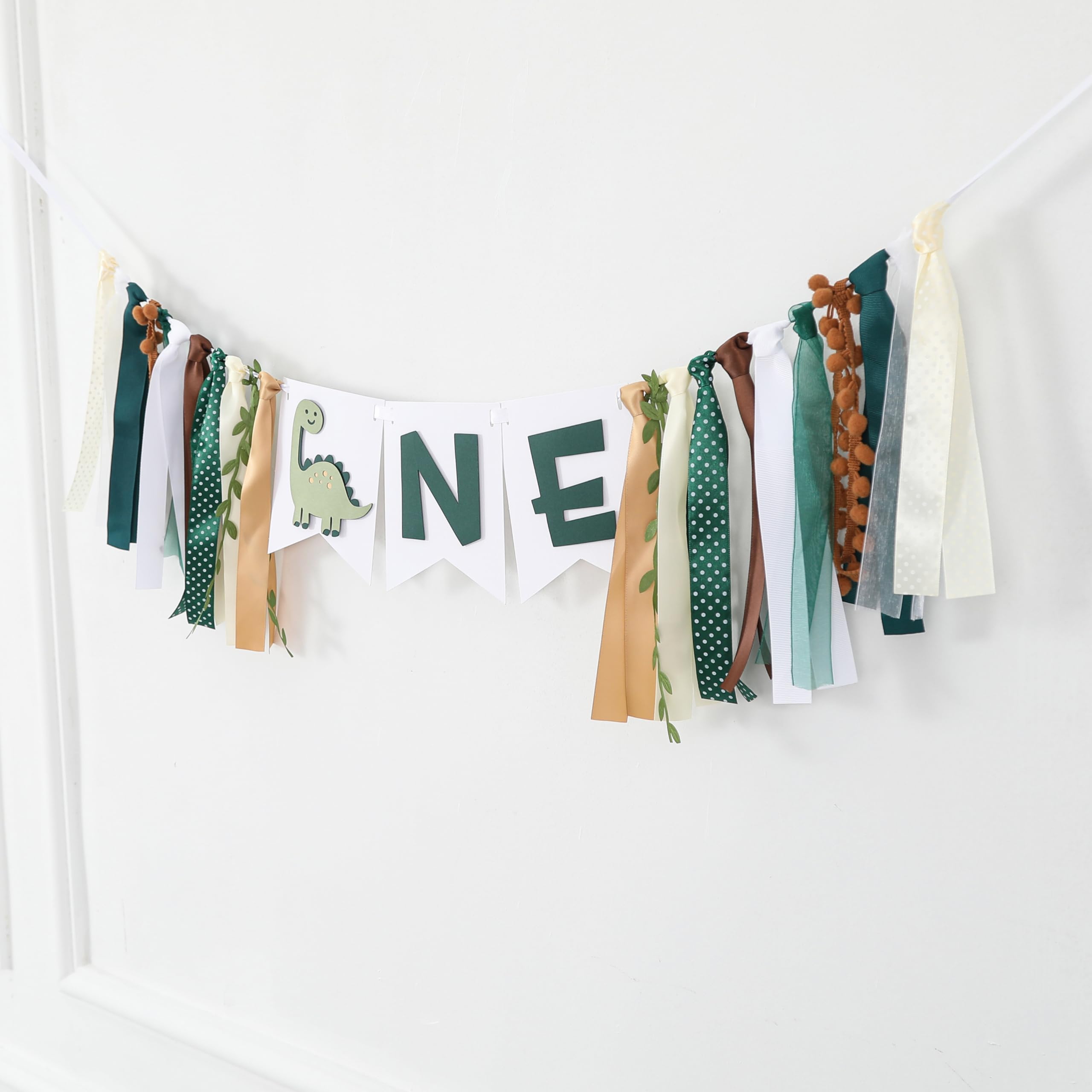 Tenshun Dinosaur 1st Birthday High Chair Banner - Earth-Toned Dino Party Garland for Baby Boy's First Birthday, Pre-Assembled Satin Ribbon Banner with 3D Layered Pennants, 4.3x5.5 inch Cards