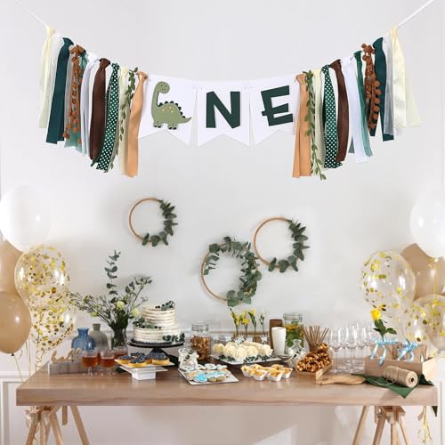 Tenshun Dinosaur 1st Birthday High Chair Banner - Earth-Toned Dino Party Garland for Baby Boy's First Birthday, Pre-Assembled Satin Ribbon Banner with 3D Layered Pennants, 4.3x5.5 inch Cards