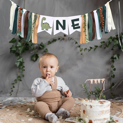 Tenshun Dinosaur 1st Birthday High Chair Banner - Earth-Toned Dino Party Garland for Baby Boy's First Birthday, Pre-Assembled Satin Ribbon Banner with 3D Layered Pennants, 4.3x5.5 inch Cards