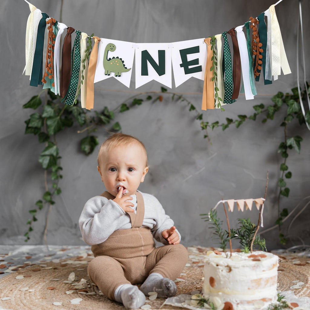Tenshun Dinosaur 1st Birthday High Chair Banner - Earth-Toned Dino Party Garland for Baby Boy's First Birthday, Pre-Assembled Satin Ribbon Banner with 3D Layered Pennants, 4.3x5.5 inch Cards